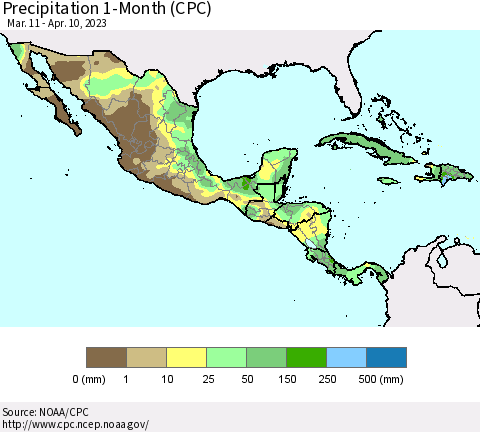 Mexico Central America and the Caribbean Precipitation 1-Month (CPC) Thematic Map For 3/11/2023 - 4/10/2023