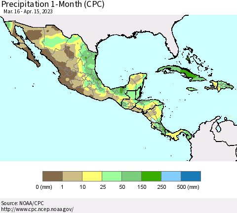 Mexico Central America and the Caribbean Precipitation 1-Month (CPC) Thematic Map For 3/16/2023 - 4/15/2023