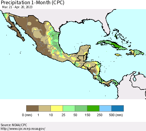 Mexico Central America and the Caribbean Precipitation 1-Month (CPC) Thematic Map For 3/21/2023 - 4/20/2023