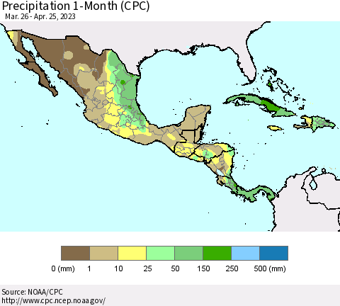 Mexico Central America and the Caribbean Precipitation 1-Month (CPC) Thematic Map For 3/26/2023 - 4/25/2023