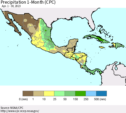 Mexico Central America and the Caribbean Precipitation 1-Month (CPC) Thematic Map For 4/1/2023 - 4/30/2023