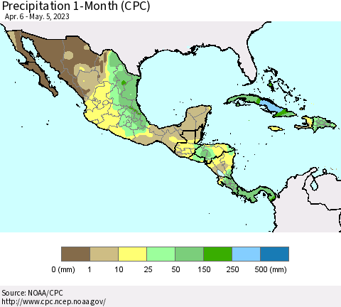 Mexico Central America and the Caribbean Precipitation 1-Month (CPC) Thematic Map For 4/6/2023 - 5/5/2023