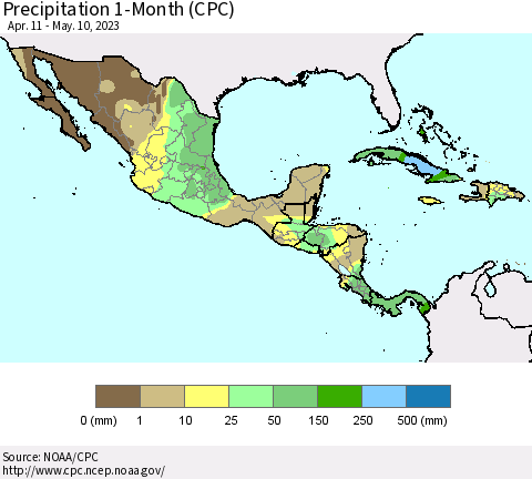 Mexico Central America and the Caribbean Precipitation 1-Month (CPC) Thematic Map For 4/11/2023 - 5/10/2023