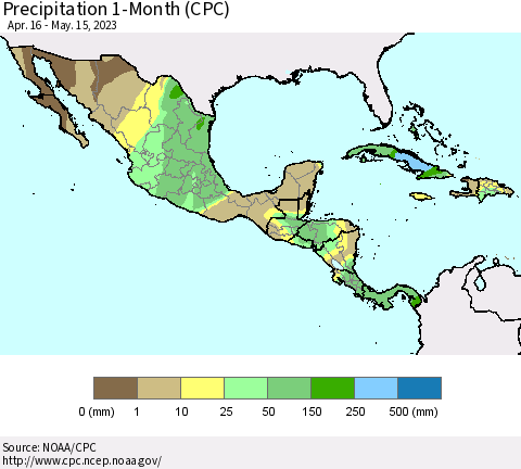 Mexico Central America and the Caribbean Precipitation 1-Month (CPC) Thematic Map For 4/16/2023 - 5/15/2023