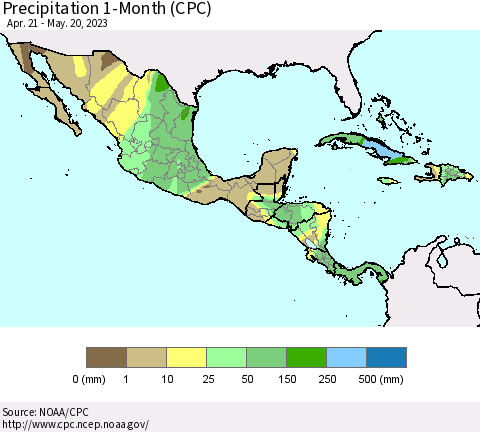 Mexico Central America and the Caribbean Precipitation 1-Month (CPC) Thematic Map For 4/21/2023 - 5/20/2023