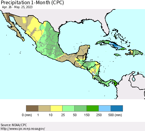 Mexico Central America and the Caribbean Precipitation 1-Month (CPC) Thematic Map For 4/26/2023 - 5/25/2023