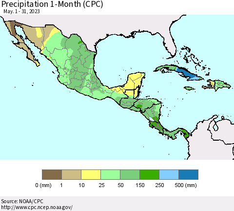 Mexico Central America and the Caribbean Precipitation 1-Month (CPC) Thematic Map For 5/1/2023 - 5/31/2023