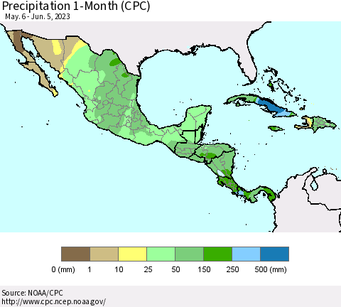 Mexico Central America and the Caribbean Precipitation 1-Month (CPC) Thematic Map For 5/6/2023 - 6/5/2023