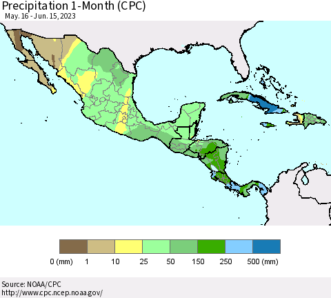 Mexico Central America and the Caribbean Precipitation 1-Month (CPC) Thematic Map For 5/16/2023 - 6/15/2023