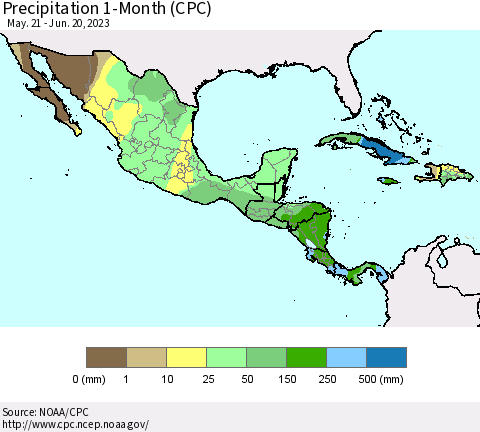 Mexico Central America and the Caribbean Precipitation 1-Month (CPC) Thematic Map For 5/21/2023 - 6/20/2023