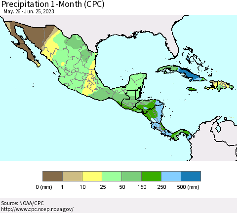 Mexico Central America and the Caribbean Precipitation 1-Month (CPC) Thematic Map For 5/26/2023 - 6/25/2023