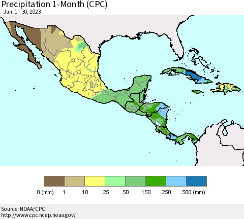 Mexico Central America and the Caribbean Precipitation 1-Month (CPC) Thematic Map For 6/1/2023 - 6/30/2023