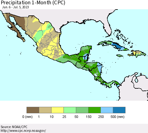 Mexico Central America and the Caribbean Precipitation 1-Month (CPC) Thematic Map For 6/6/2023 - 7/5/2023