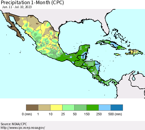 Mexico Central America and the Caribbean Precipitation 1-Month (CPC) Thematic Map For 6/11/2023 - 7/10/2023