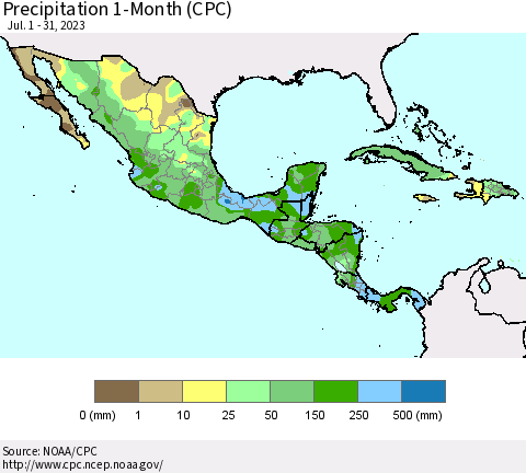 Mexico Central America and the Caribbean Precipitation 1-Month (CPC) Thematic Map For 7/1/2023 - 7/31/2023
