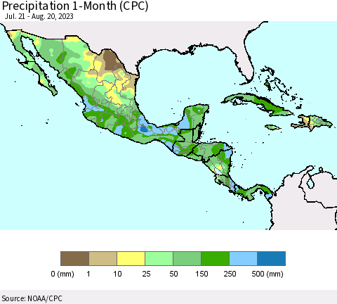 Mexico Central America and the Caribbean Precipitation 1-Month (CPC) Thematic Map For 7/21/2023 - 8/20/2023