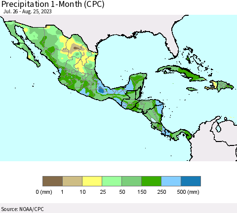 Mexico Central America and the Caribbean Precipitation 1-Month (CPC) Thematic Map For 7/26/2023 - 8/25/2023