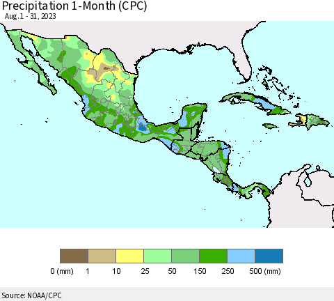 Mexico Central America and the Caribbean Precipitation 1-Month (CPC) Thematic Map For 8/1/2023 - 8/31/2023