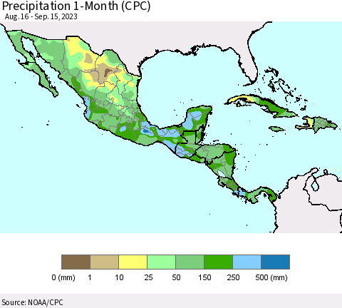 Mexico Central America and the Caribbean Precipitation 1-Month (CPC) Thematic Map For 8/16/2023 - 9/15/2023