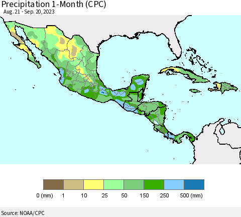 Mexico Central America and the Caribbean Precipitation 1-Month (CPC) Thematic Map For 8/21/2023 - 9/20/2023