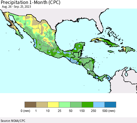 Mexico Central America and the Caribbean Precipitation 1-Month (CPC) Thematic Map For 8/26/2023 - 9/25/2023
