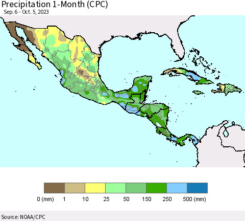Mexico Central America and the Caribbean Precipitation 1-Month (CPC) Thematic Map For 9/6/2023 - 10/5/2023