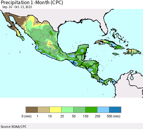 Mexico Central America and the Caribbean Precipitation 1-Month (CPC) Thematic Map For 9/16/2023 - 10/15/2023