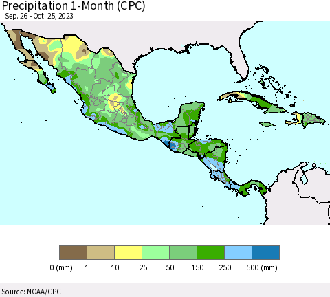 Mexico Central America and the Caribbean Precipitation 1-Month (CPC) Thematic Map For 9/26/2023 - 10/25/2023