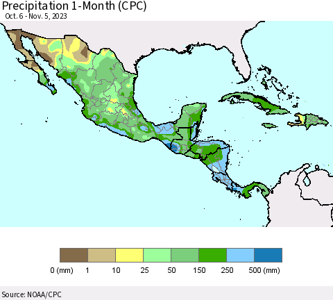 Mexico Central America and the Caribbean Precipitation 1-Month (CPC) Thematic Map For 10/6/2023 - 11/5/2023
