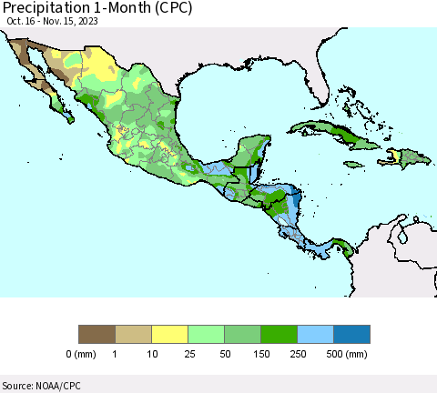 Mexico Central America and the Caribbean Precipitation 1-Month (CPC) Thematic Map For 10/16/2023 - 11/15/2023