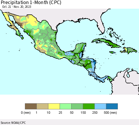 Mexico Central America and the Caribbean Precipitation 1-Month (CPC) Thematic Map For 10/21/2023 - 11/20/2023