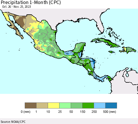 Mexico Central America and the Caribbean Precipitation 1-Month (CPC) Thematic Map For 10/26/2023 - 11/25/2023