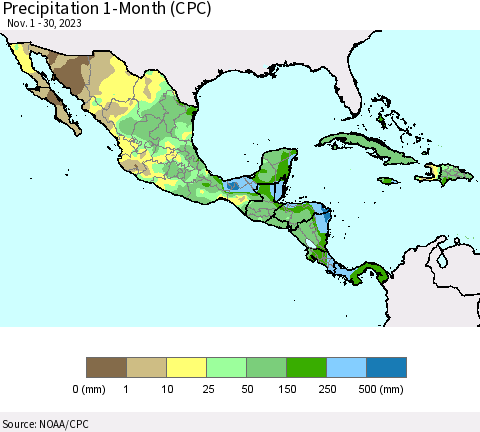 Mexico Central America and the Caribbean Precipitation 1-Month (CPC) Thematic Map For 11/1/2023 - 11/30/2023