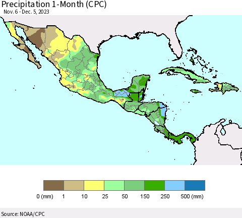 Mexico Central America and the Caribbean Precipitation 1-Month (CPC) Thematic Map For 11/6/2023 - 12/5/2023
