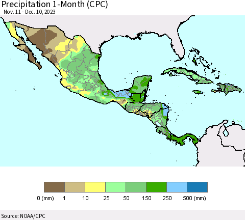 Mexico Central America and the Caribbean Precipitation 1-Month (CPC) Thematic Map For 11/11/2023 - 12/10/2023