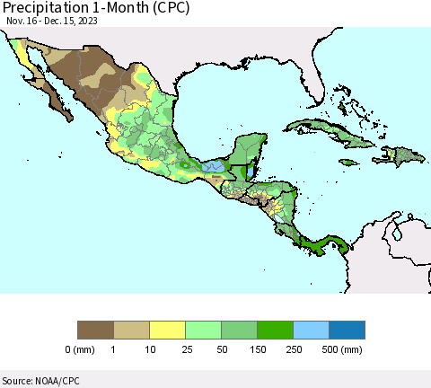 Mexico Central America and the Caribbean Precipitation 1-Month (CPC) Thematic Map For 11/16/2023 - 12/15/2023
