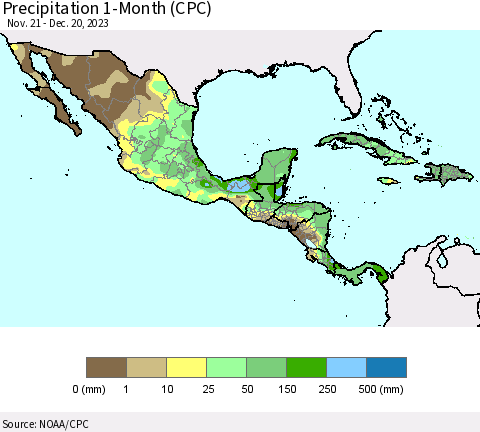 Mexico Central America and the Caribbean Precipitation 1-Month (CPC) Thematic Map For 11/21/2023 - 12/20/2023