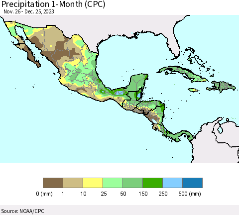 Mexico Central America and the Caribbean Precipitation 1-Month (CPC) Thematic Map For 11/26/2023 - 12/25/2023