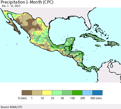 Mexico Central America and the Caribbean Precipitation 1-Month (CPC) Thematic Map For 12/1/2023 - 12/31/2023