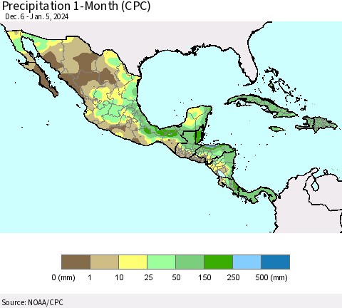 Mexico Central America and the Caribbean Precipitation 1-Month (CPC) Thematic Map For 12/6/2023 - 1/5/2024