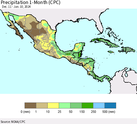 Mexico Central America and the Caribbean Precipitation 1-Month (CPC) Thematic Map For 12/11/2023 - 1/10/2024