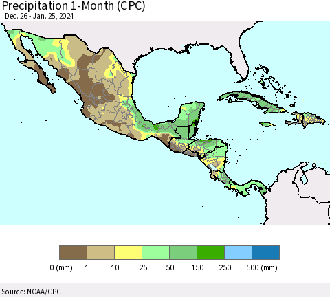 Mexico Central America and the Caribbean Precipitation 1-Month (CPC) Thematic Map For 12/26/2023 - 1/25/2024