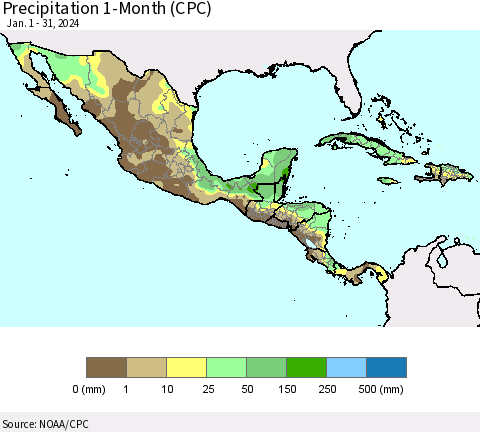 Mexico Central America and the Caribbean Precipitation 1-Month (CPC) Thematic Map For 1/1/2024 - 1/31/2024