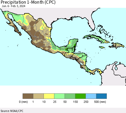 Mexico Central America and the Caribbean Precipitation 1-Month (CPC) Thematic Map For 1/6/2024 - 2/5/2024