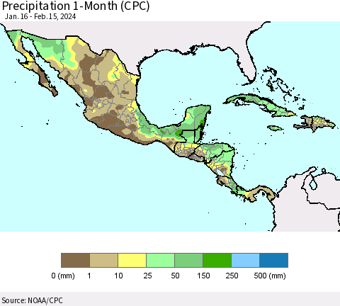 Mexico Central America and the Caribbean Precipitation 1-Month (CPC) Thematic Map For 1/16/2024 - 2/15/2024