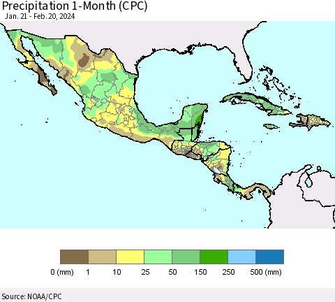 Mexico Central America and the Caribbean Precipitation 1-Month (CPC) Thematic Map For 1/21/2024 - 2/20/2024