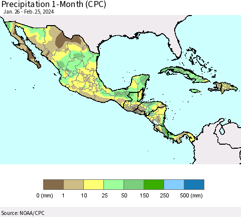 Mexico Central America and the Caribbean Precipitation 1-Month (CPC) Thematic Map For 1/26/2024 - 2/25/2024