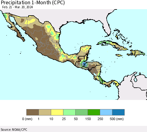 Mexico Central America and the Caribbean Precipitation 1-Month (CPC) Thematic Map For 2/21/2024 - 3/20/2024