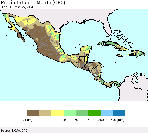 Mexico Central America and the Caribbean Precipitation 1-Month (CPC) Thematic Map For 2/26/2024 - 3/25/2024