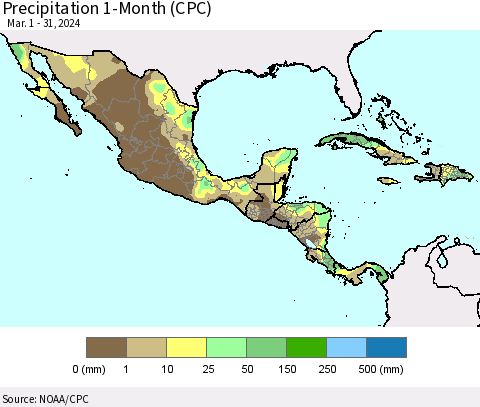 Mexico Central America and the Caribbean Precipitation 1-Month (CPC) Thematic Map For 3/1/2024 - 3/31/2024